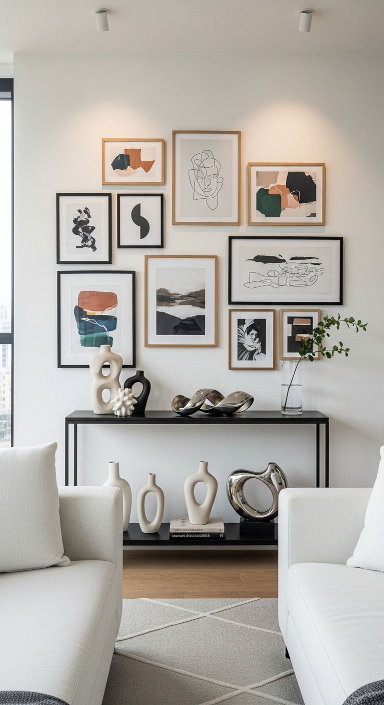 15 Console Table Behind the Sofa Living Room Ideas That Look Amazing 13 13. Art Gallery Backdrop