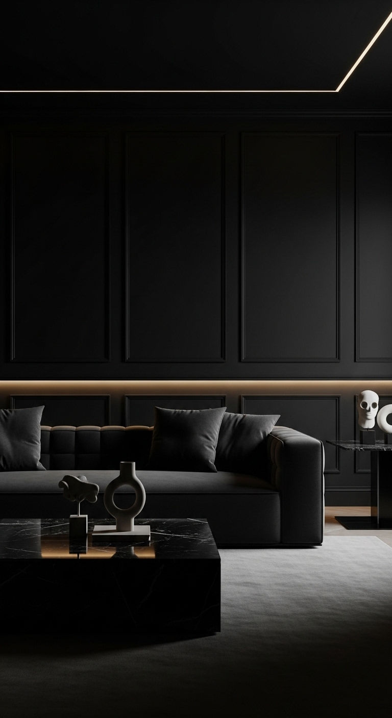 11 Tuxedo Sofa Living Room Ideas for a Sharp, Tailored Aesthetic 12 11. Black-on-Black Drama