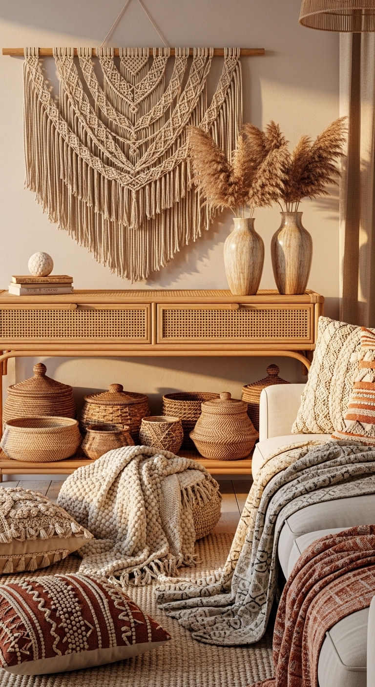15 Console Table Behind the Sofa Living Room Ideas That Look Amazing 4 4. Boho Layered Texture
