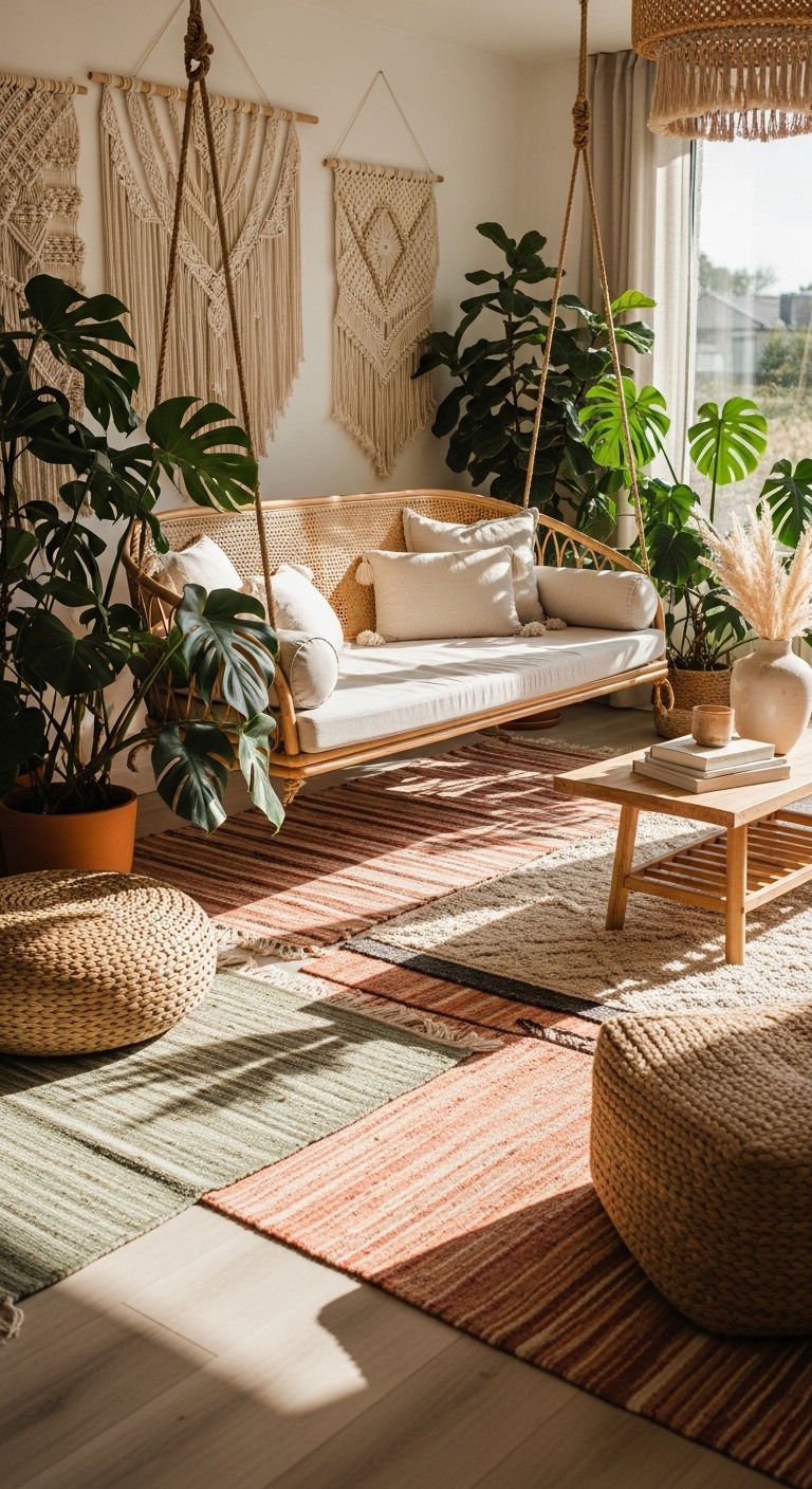 15 Floating Sofa Living Room Layout Ideas That Open Up the Space 13 13. Boho Open-Air Layout