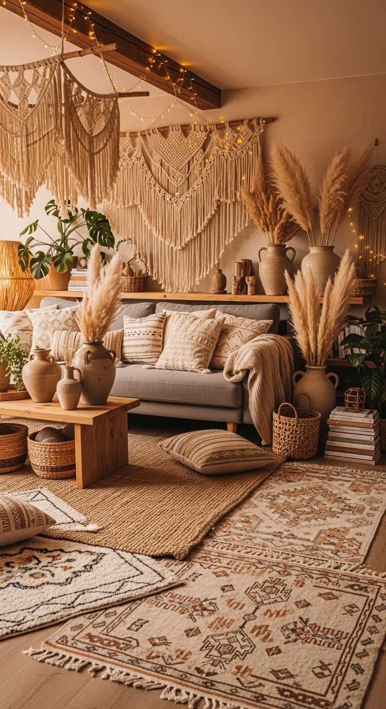 16 Beige Living Room With Grey Sofa Ideas That Feel Warm and Inviting 18 9. Boho Warm Layers