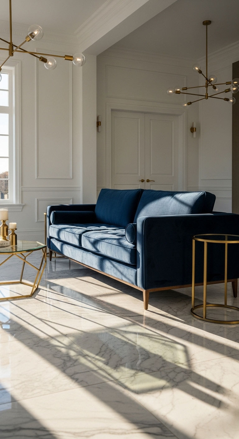 12 Angled Sofa Living Room Ideas That Add a Unique Design Twist 4 3. Bold Blue Diagonal Drama