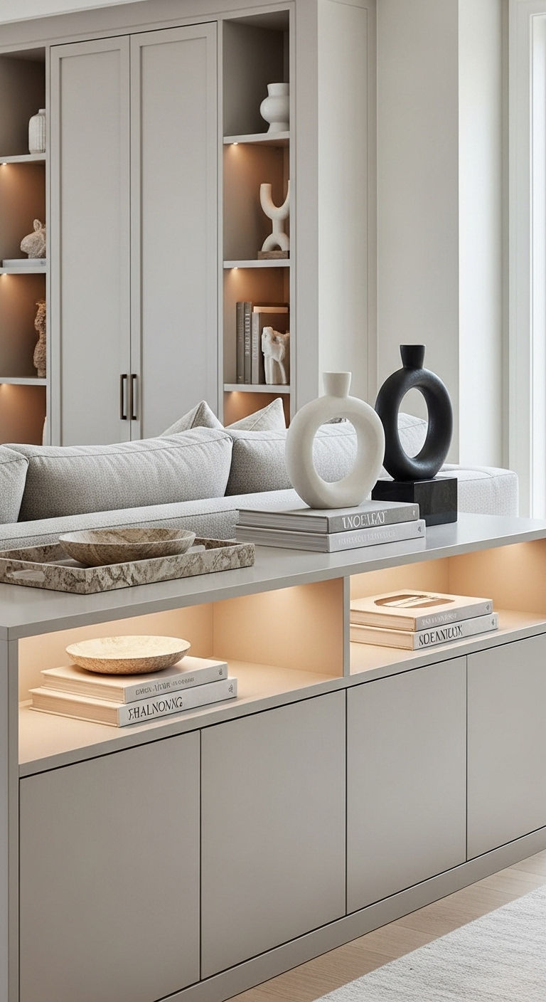 15 Console Table Behind the Sofa Living Room Ideas That Look Amazing 10 10. Built-In Storage Beauty