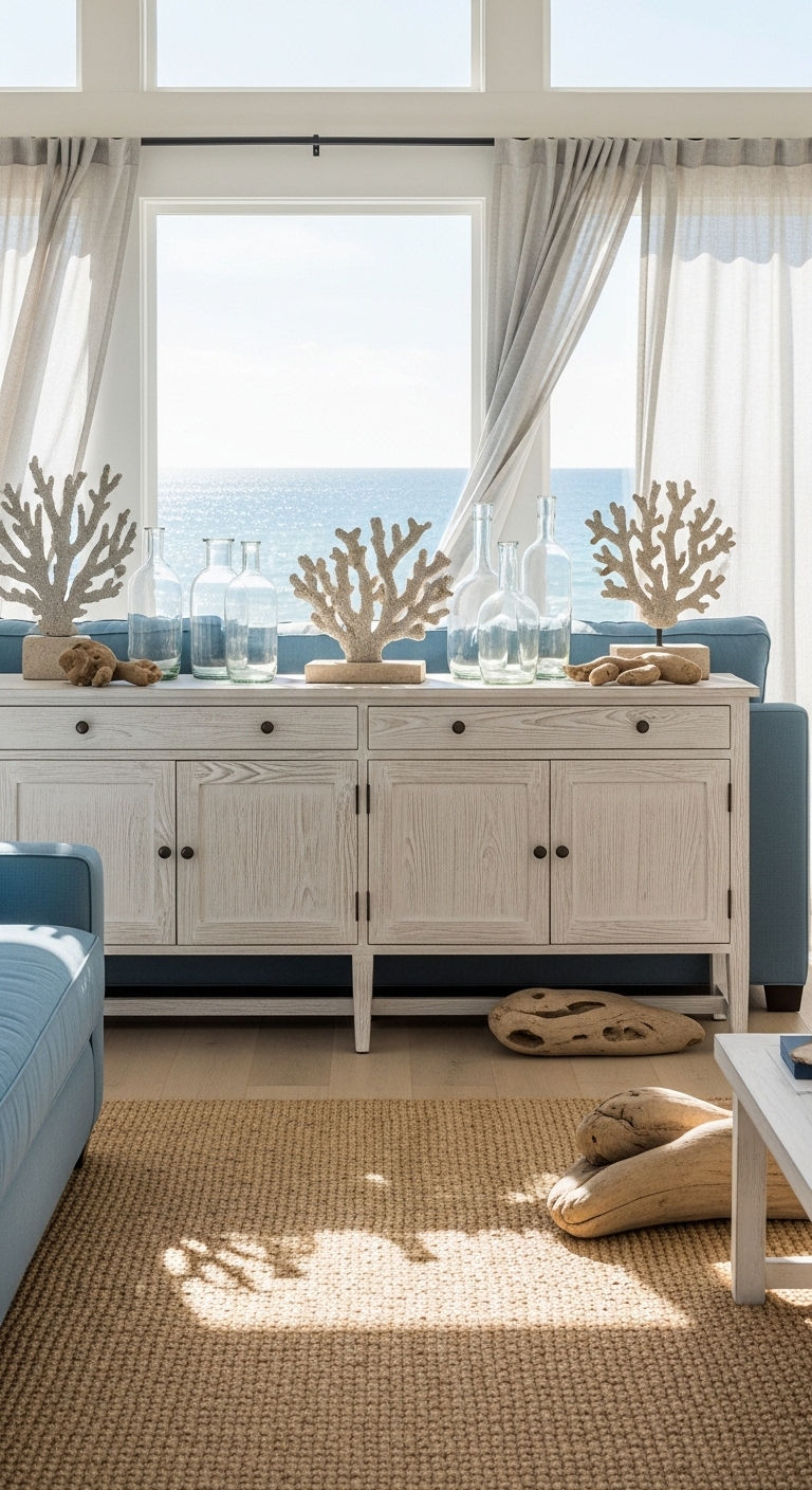 13 Sideboard Behind the Sofa Living Room Ideas for Function and Style 4 4. Coastal Breeze Console Styling