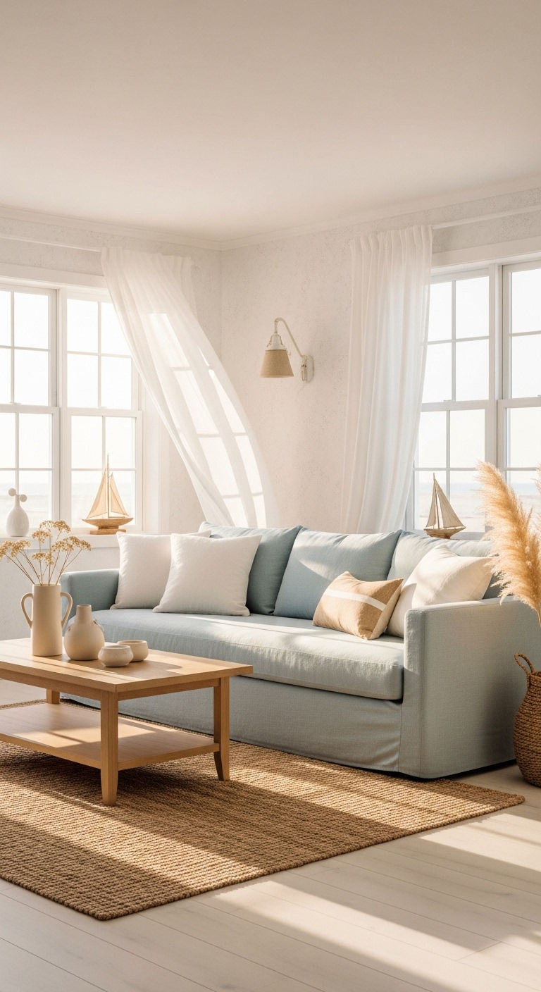 15 Console Table Behind the Sofa Living Room Ideas That Look Amazing 6 6. Coastal Calm Retreat