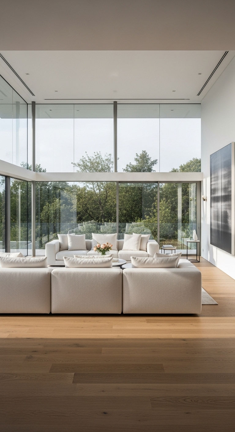 12 8-Seater Sofa Set Living Room Ideas for Grand, Open Spaces 5 5. Contemporary Glass-Walled Villa