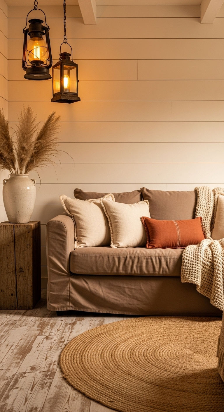 15 Rustic and Natural Sofa Living Room Ideas Full of Earthy Warmth 2 1. Cozy Cabin Comfort