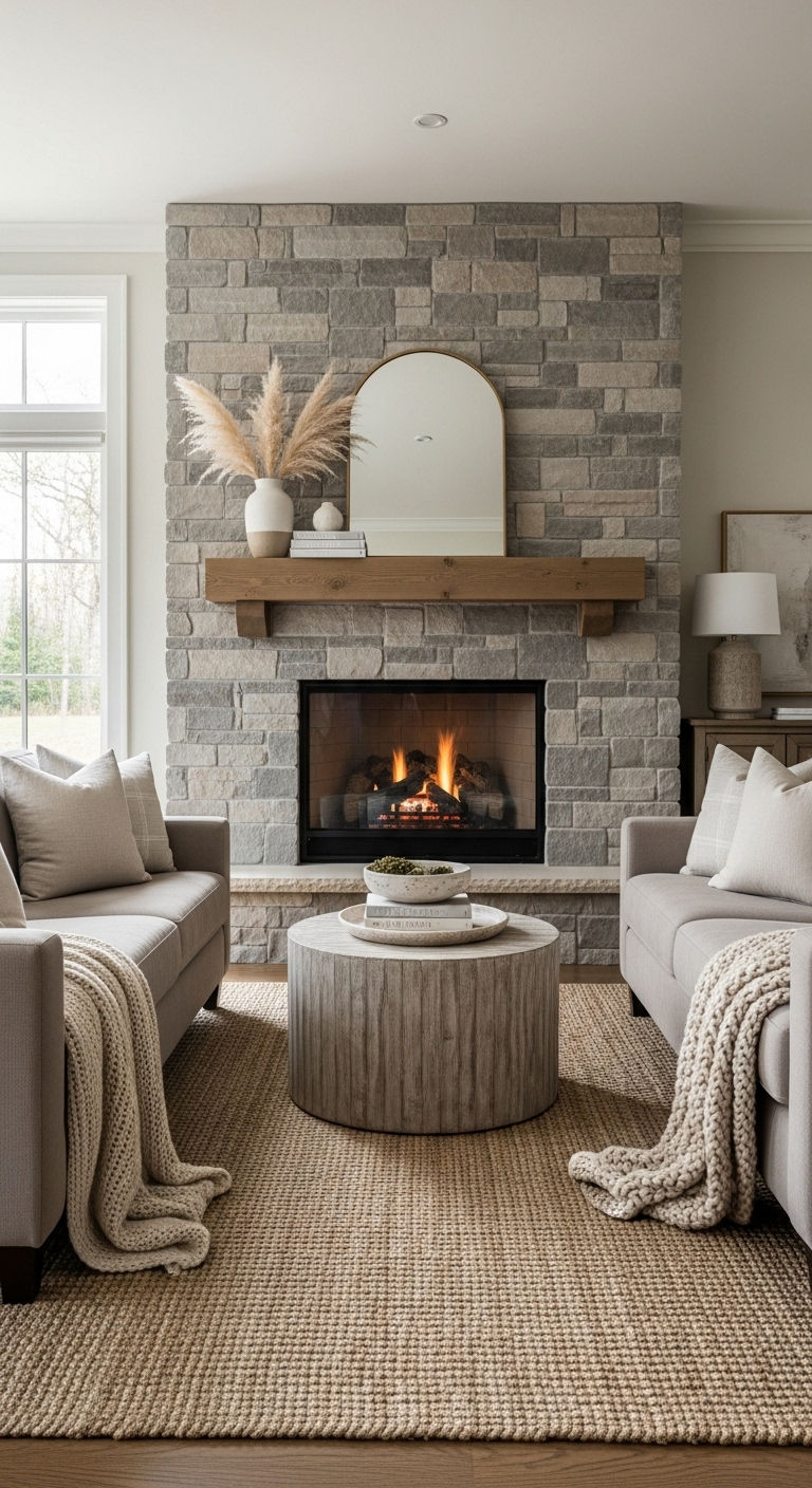 14 Two Sofas Living Room Layout Ideas That Feel Balanced and Chic 7 6. Double Sofa + Fireplace Focus