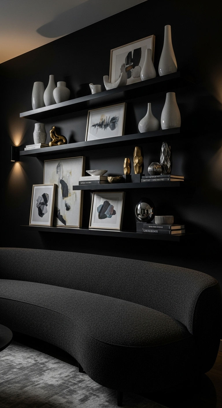 11. Dramatic Dark Accent Wall Shelves