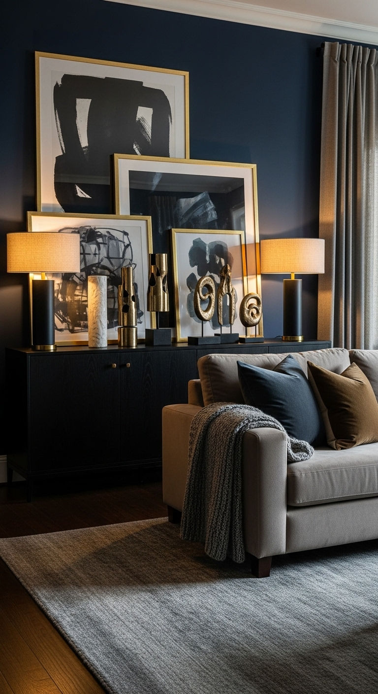 13 Sideboard Behind the Sofa Living Room Ideas for Function and Style 8 8. Dramatic Dark Wall Backdrop