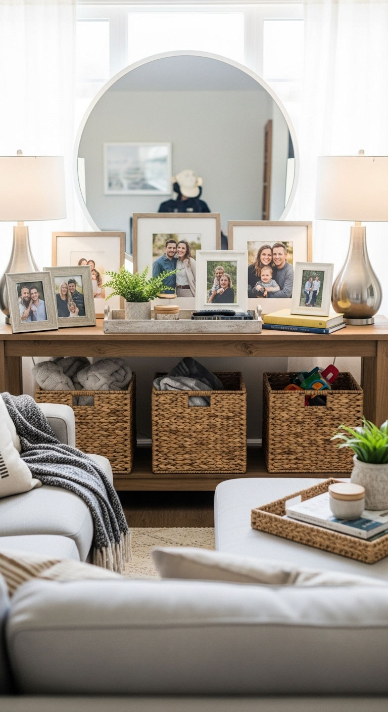 15 Console Table Behind the Sofa Living Room Ideas That Look Amazing 12 12. Family-Friendly Functional Setup