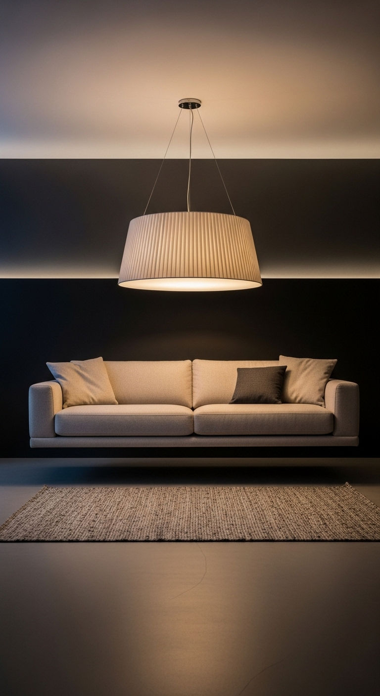 15 Floating Sofa Living Room Layout Ideas That Open Up the Space 11 11. Floating Sofa with Statement Lighting