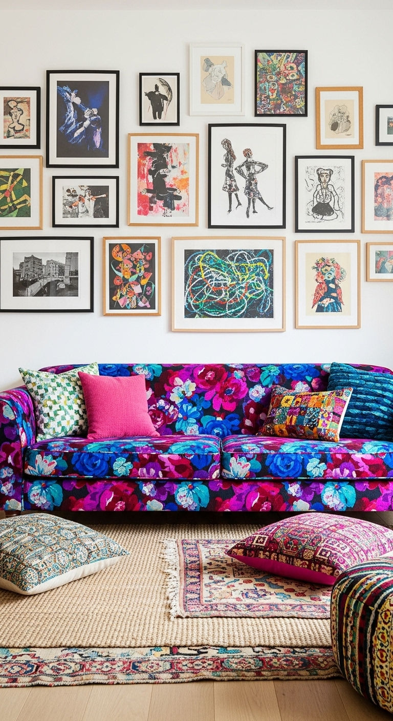 13 Statement Sofa Living Room Ideas to Make Your Space Unforgettable 7 6. Floral Sofa as Art