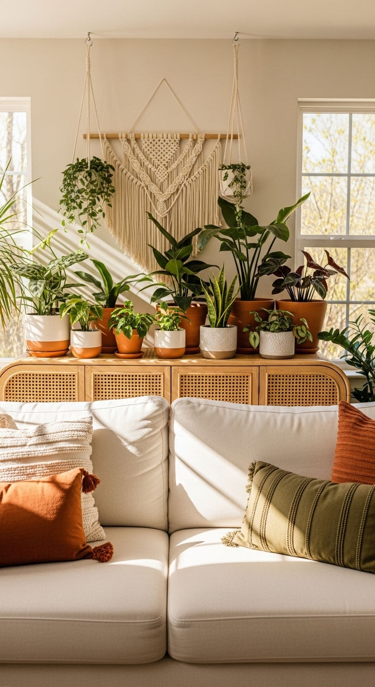 13 Sideboard Behind the Sofa Living Room Ideas for Function and Style 11 11. Greenery-Focused Styling