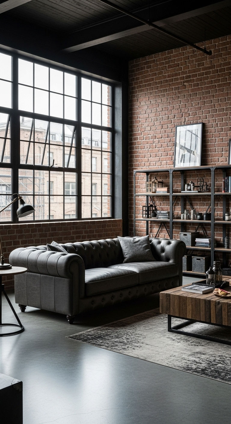 11 Tuxedo Sofa Living Room Ideas for a Sharp, Tailored Aesthetic 6 5. Industrial Edge Refinement