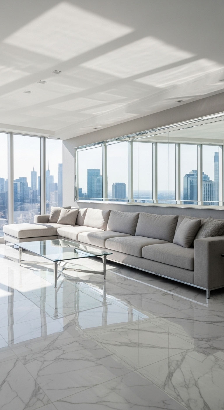 15 Mirror Above the Sofa Living Room Ideas That Open Up Any Space 15 14. Layered Mirror + Shelf Styling