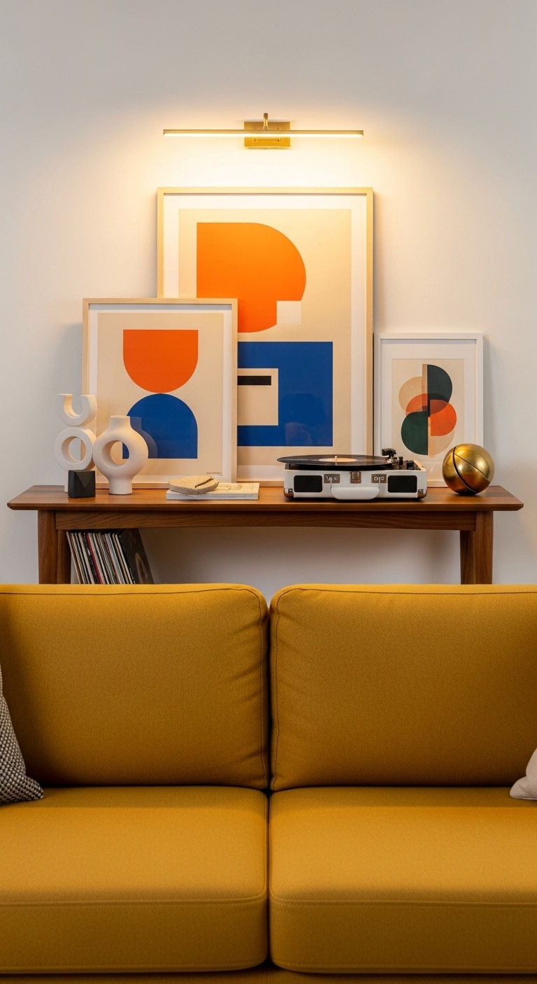 15 Console Table Behind the Sofa Living Room Ideas That Look Amazing 7 7. Mid-Century Modern Sophistication