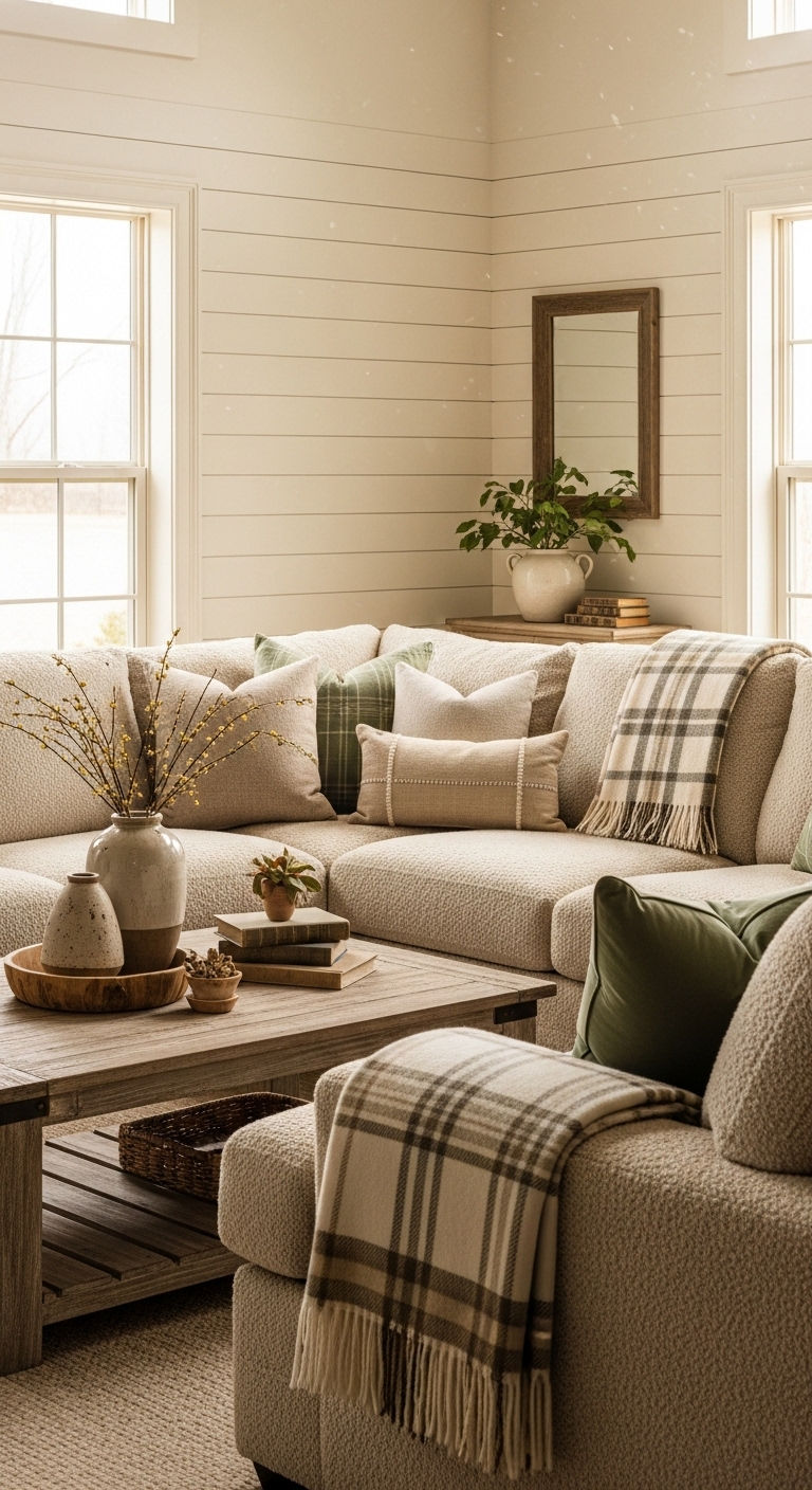11 Fluffy Sofa Living Room Ideas for Ultimate Comfort and Coziness 5 4. Modern Farmhouse Snuggle Spot