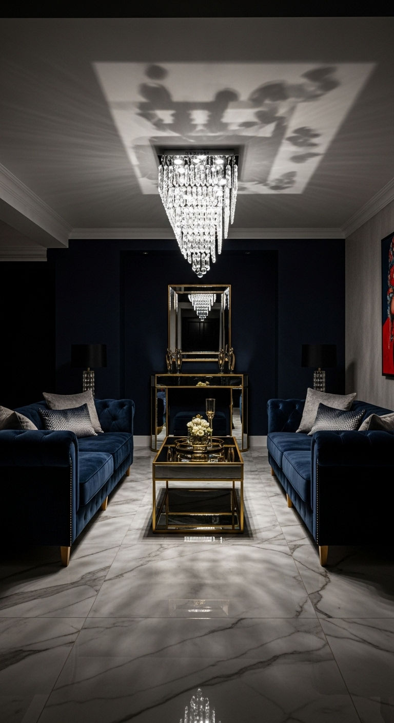 14 Two Sofas Living Room Layout Ideas That Feel Balanced and Chic 5 4. Modern Glam Symmetry