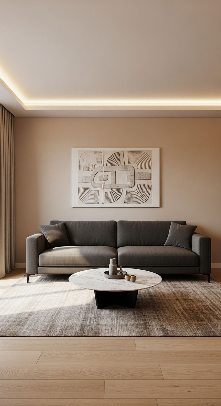 16 Beige Living Room With Grey Sofa Ideas That Feel Warm and Inviting 4 2. Modern Minimal Warmth