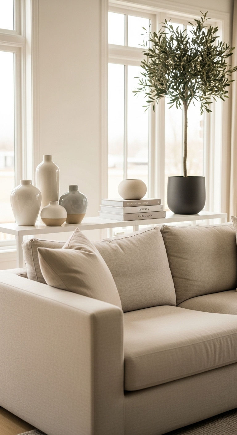 15 Console Table Behind the Sofa Living Room Ideas That Look Amazing 2 1. Modern Minimalist Glow