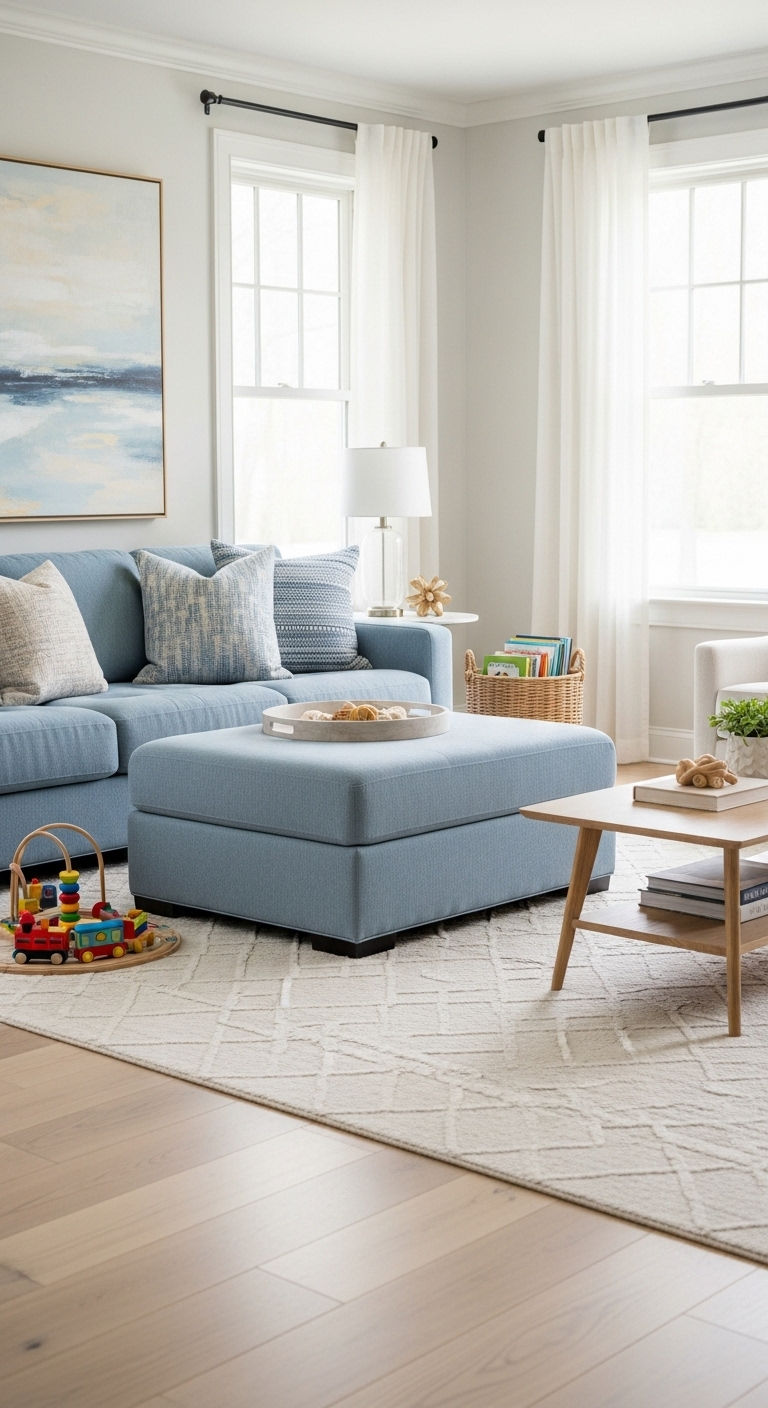 15 Sofa and Ottoman Living Room Ideas for Cozy, Versatile Seating 7 6. Modern Monochrome Lounge