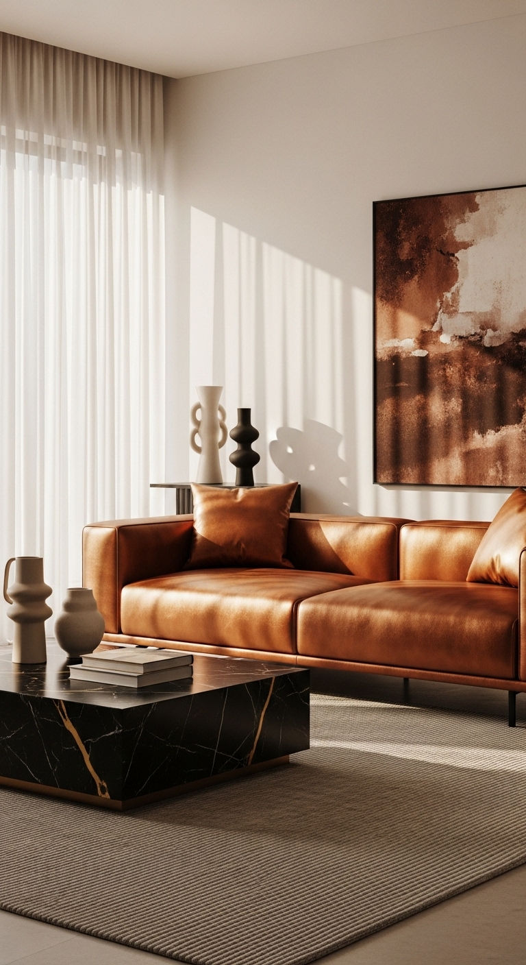 12 Copper Sofa Living Room Ideas for a Warm, Metallic Color Pop 2 1. Molten Modern Luxe