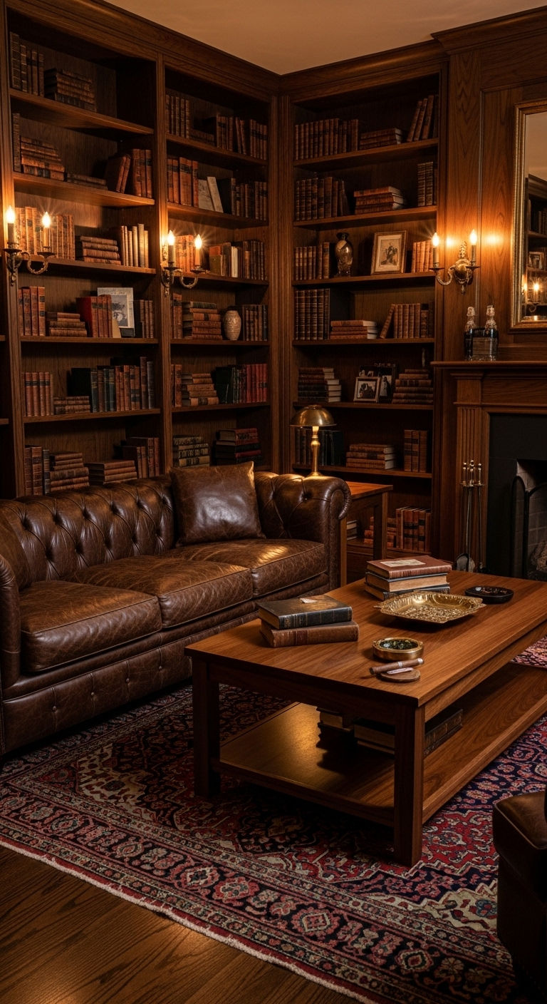 11 Tuxedo Sofa Living Room Ideas for a Sharp, Tailored Aesthetic 9 8. Moody Masculine Library Lounge