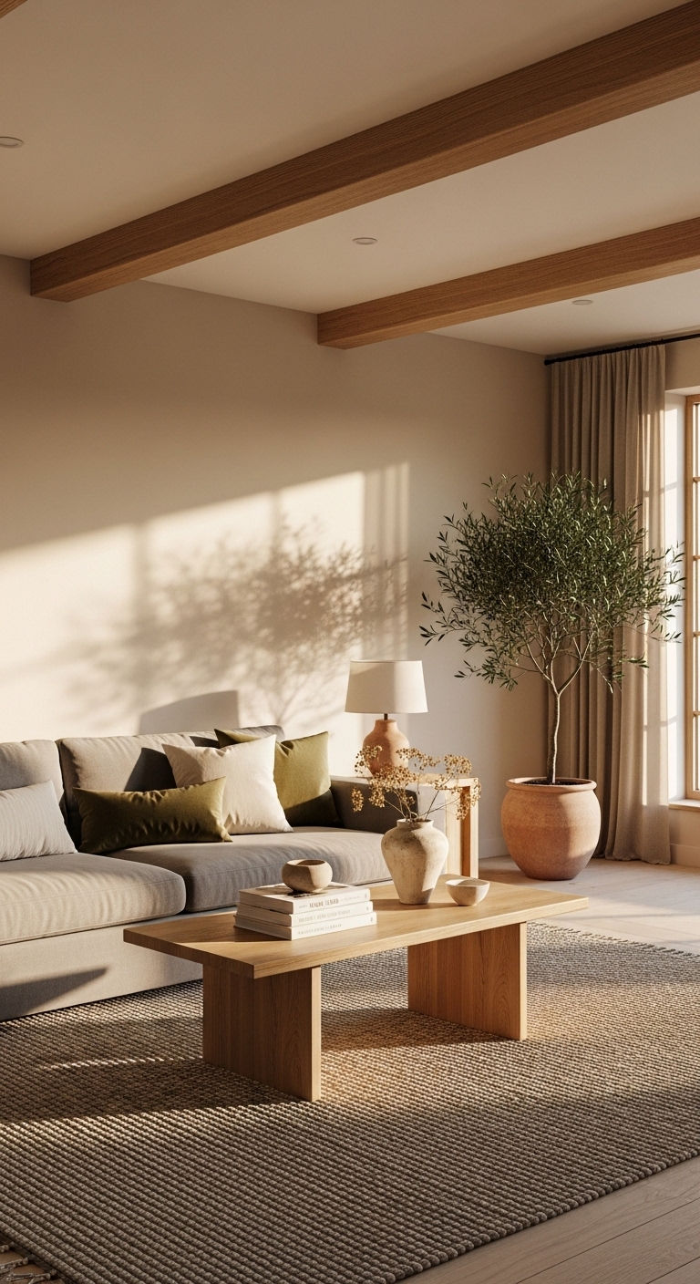 16 Beige Living Room With Grey Sofa Ideas That Feel Warm and Inviting 28 14. Natural Wood Harmony
