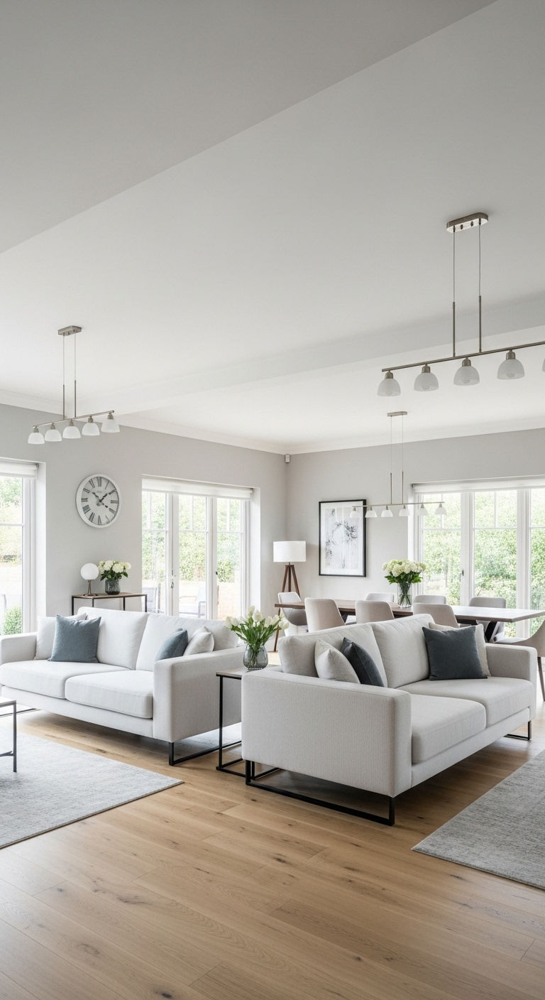 14 Two Sofas Living Room Layout Ideas That Feel Balanced and Chic 8 7. Open-Concept Divider Layout
