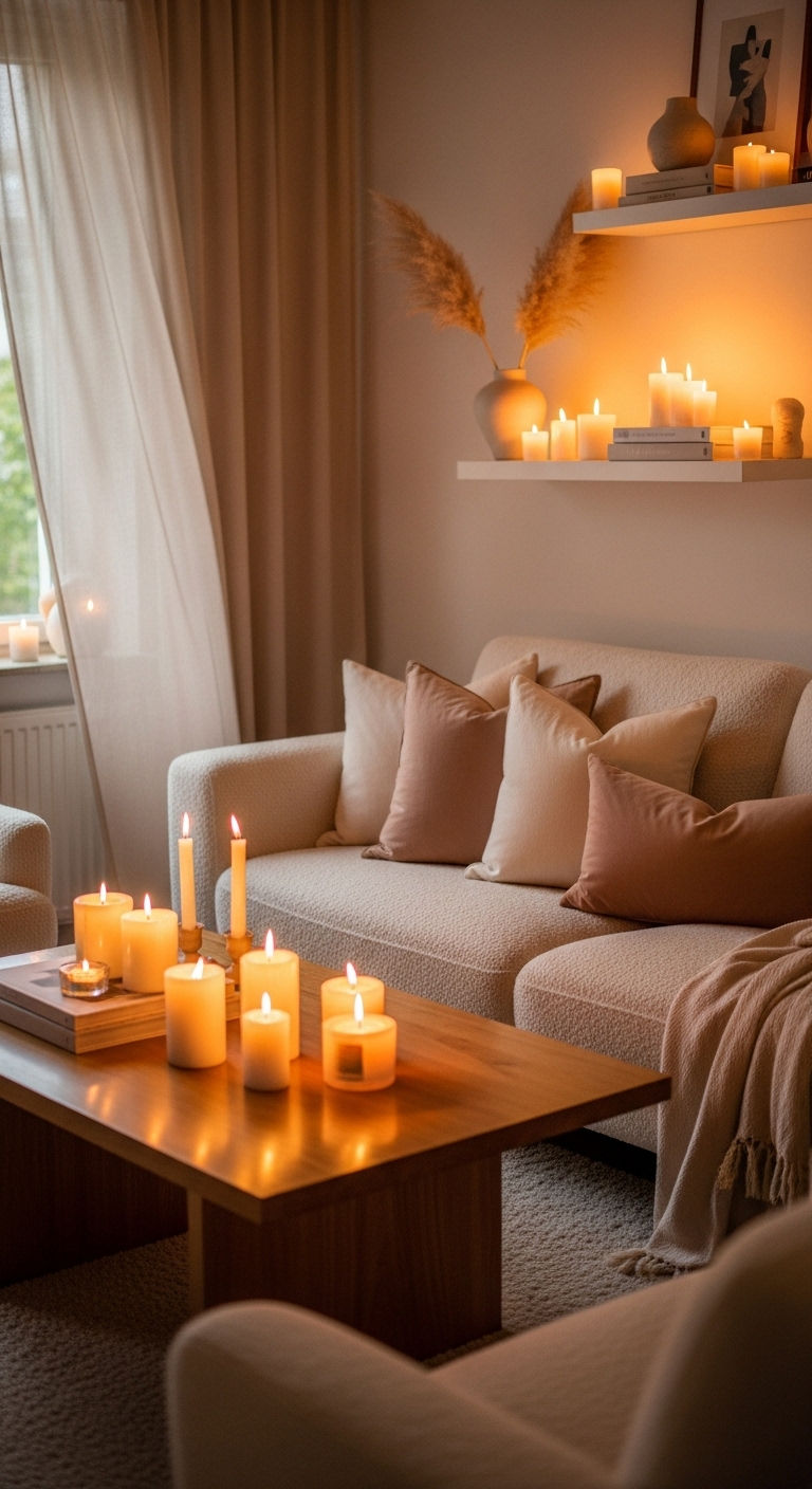 11 Fluffy Sofa Living Room Ideas for Ultimate Comfort and Coziness 12 11. Romantic Candlelight Comfort