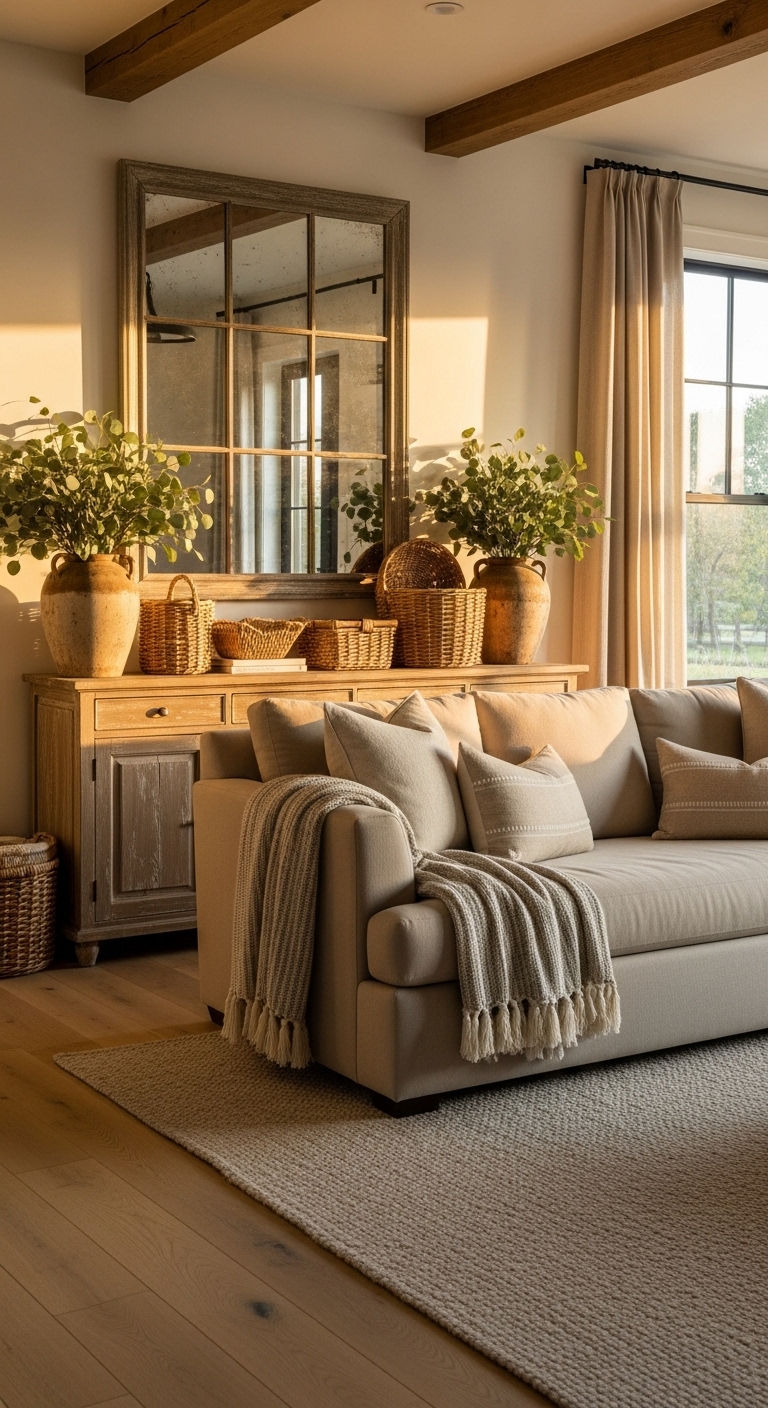 13 Sideboard Behind the Sofa Living Room Ideas for Function and Style 2 2. Rustic Charm with Woven Texture
