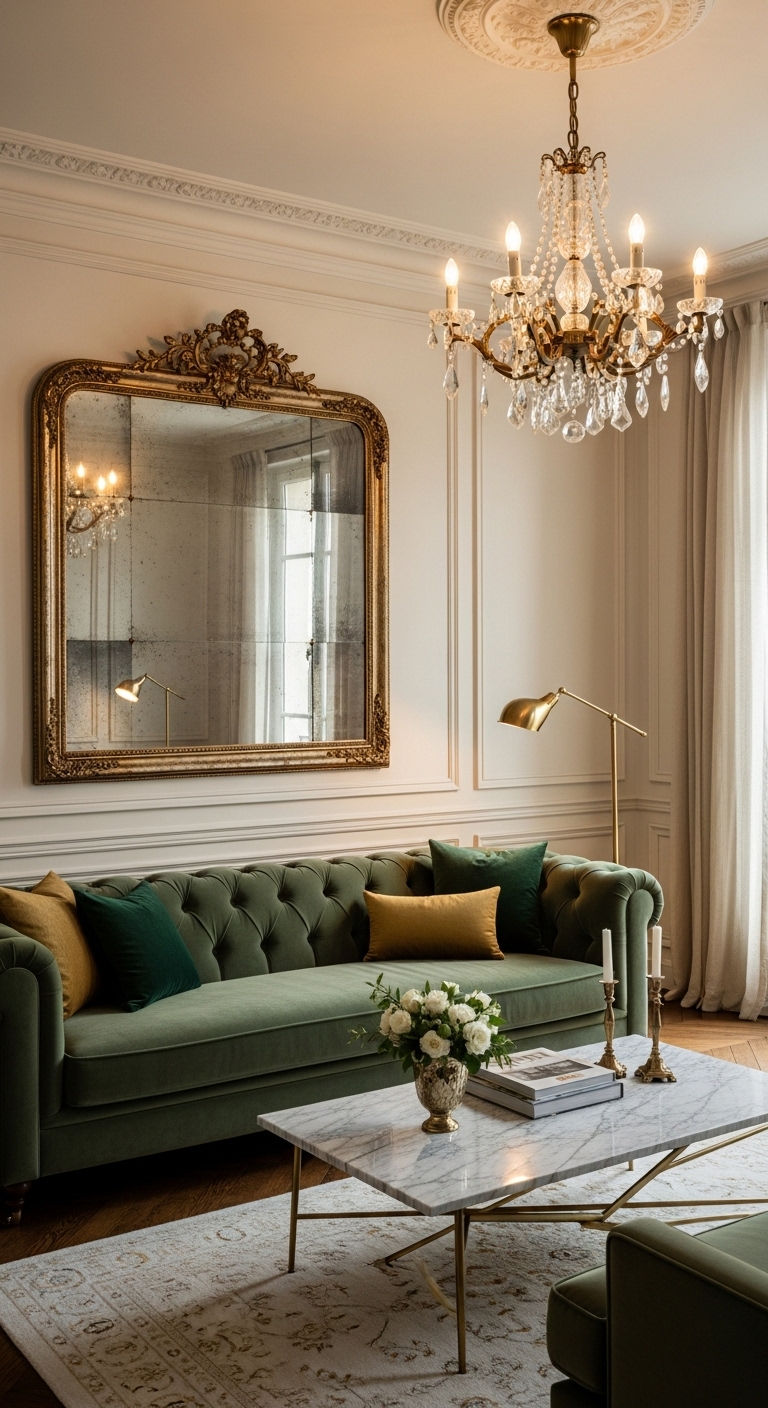 15 Mirror Above the Sofa Living Room Ideas That Open Up Any Space 3 2. Sleek Black Frame Statement