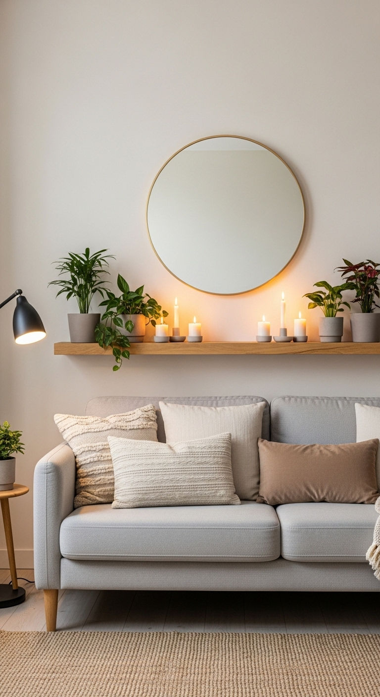 15 Mirror Above the Sofa Living Room Ideas That Open Up Any Space 14 13. Soft Pastel Reflection