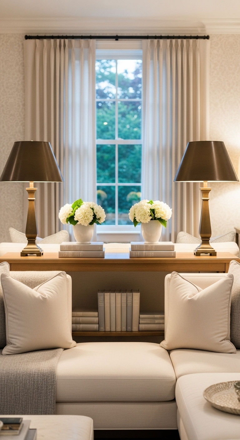 15 Console Table Behind the Sofa Living Room Ideas That Look Amazing 15 15. Symmetrical Designer Look
