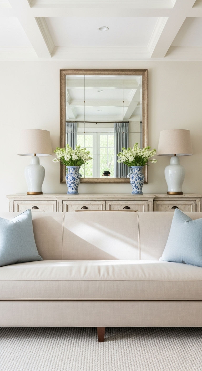13 Sideboard Behind the Sofa Living Room Ideas for Function and Style 12 12. Symmetry with Matching Lamps