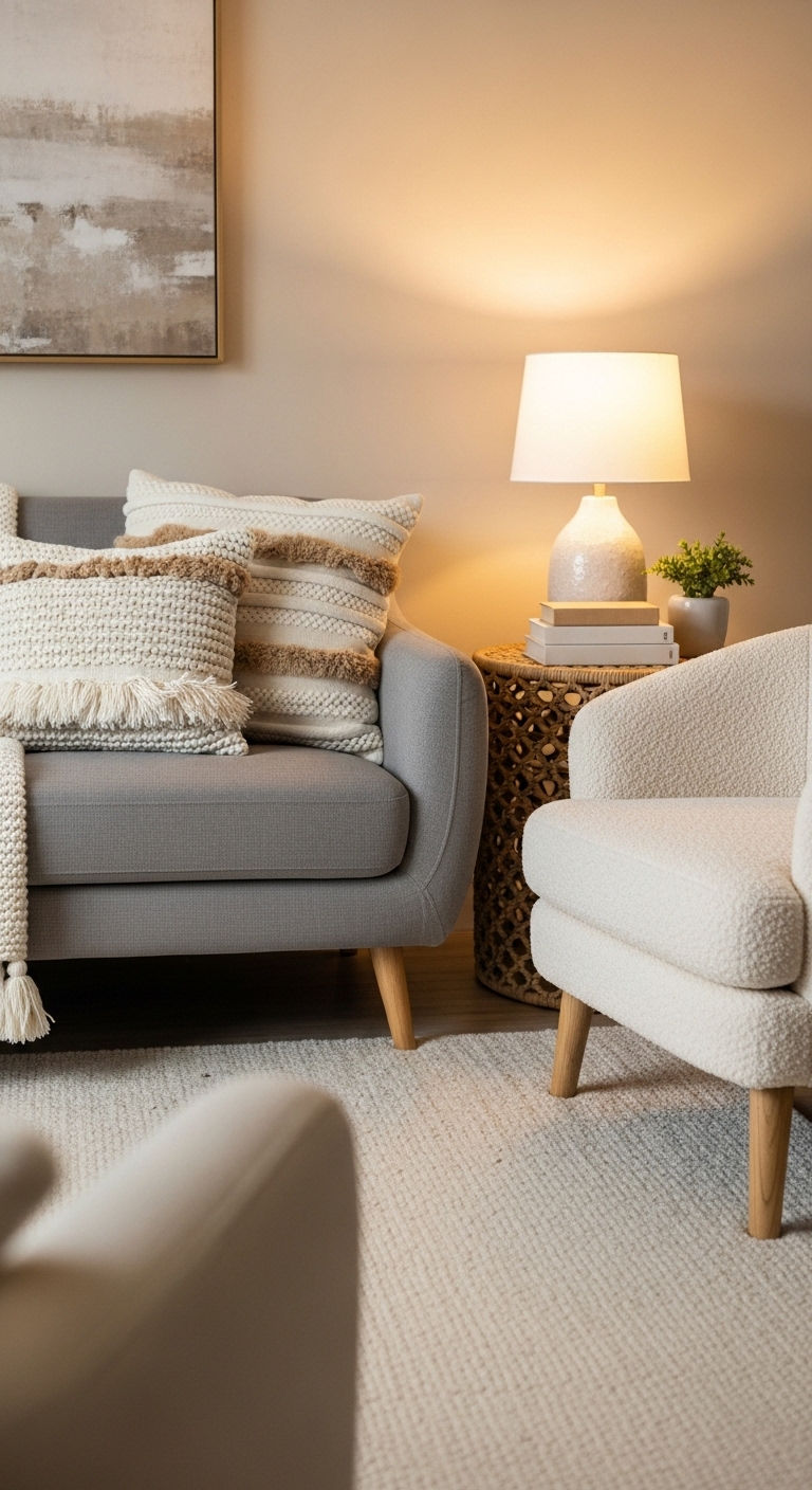 16 Beige Living Room With Grey Sofa Ideas That Feel Warm and Inviting 12 6. Textured Cozy Corner
