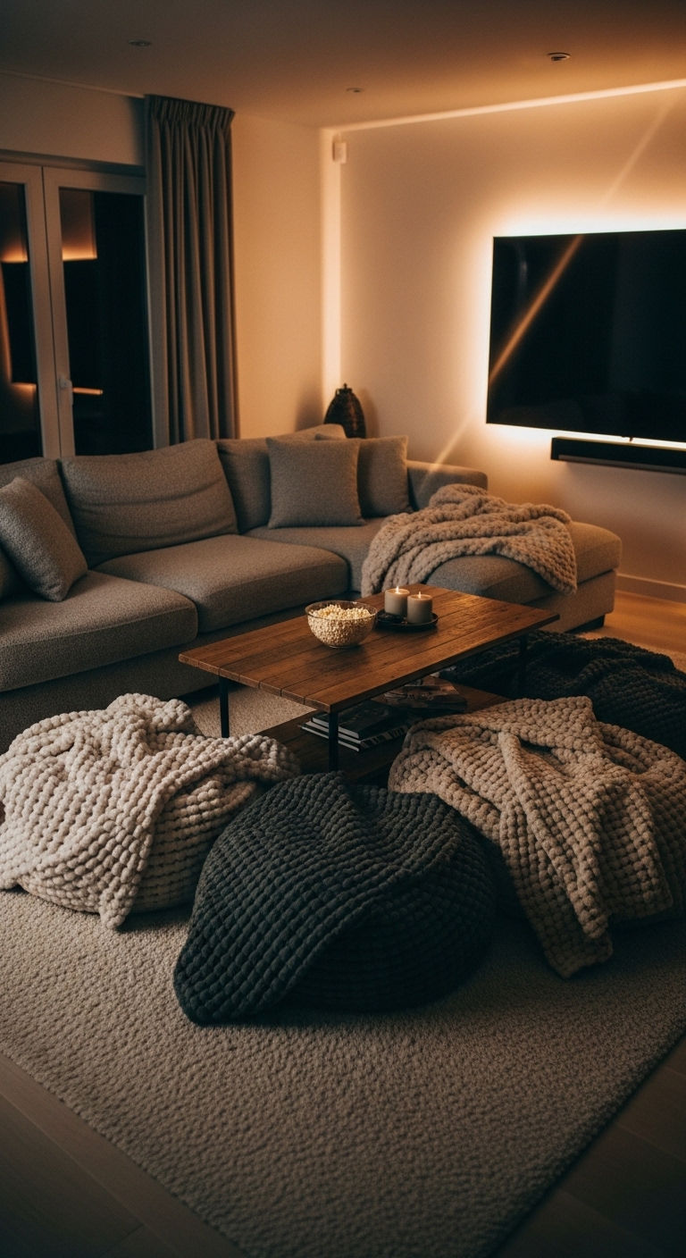 11 Fluffy Sofa Living Room Ideas for Ultimate Comfort and Coziness 6 5. The Movie Night Haven