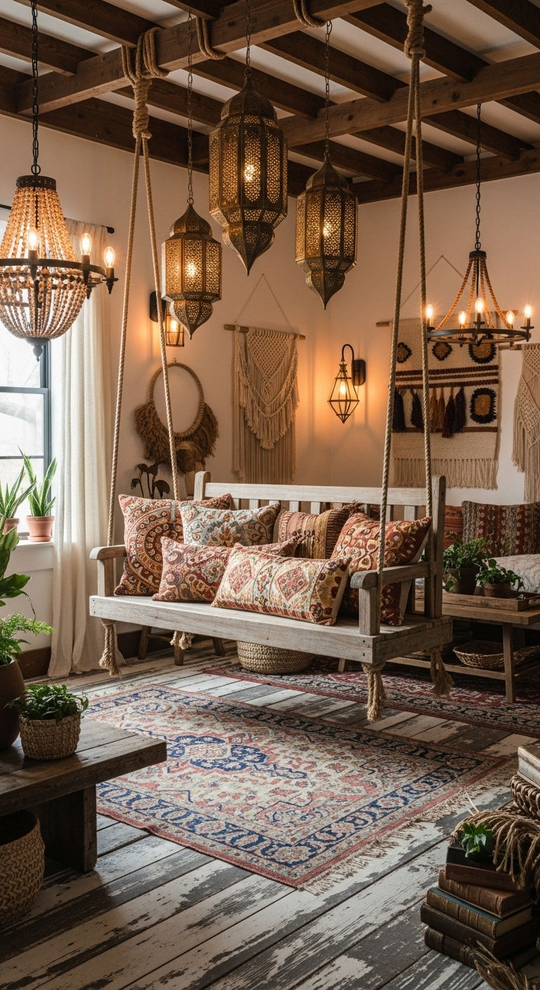 6. Vintage-Inspired Wooden Hanging Bench