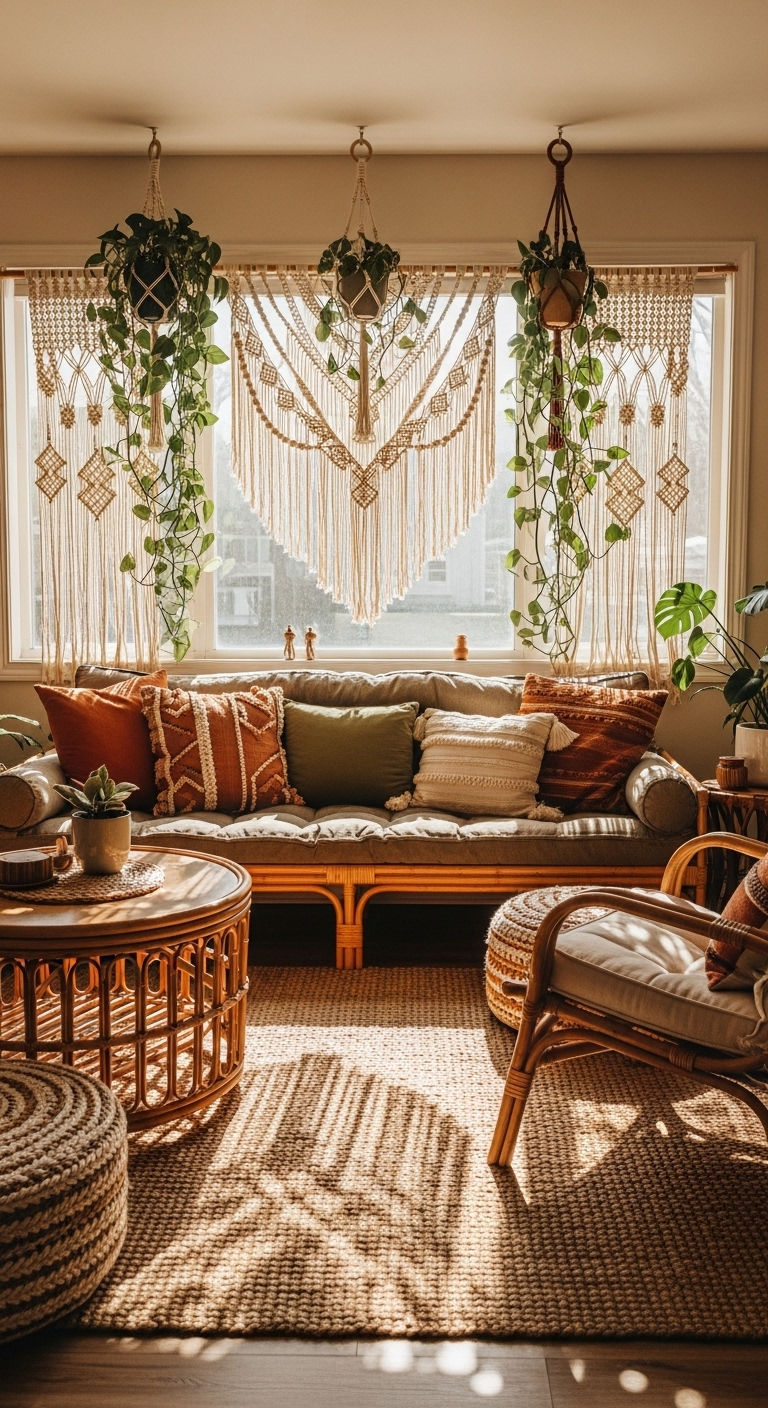 16 Window Behind the Sofa Living Room Ideas and How to Style Them 4 3. Boho Window Escape
