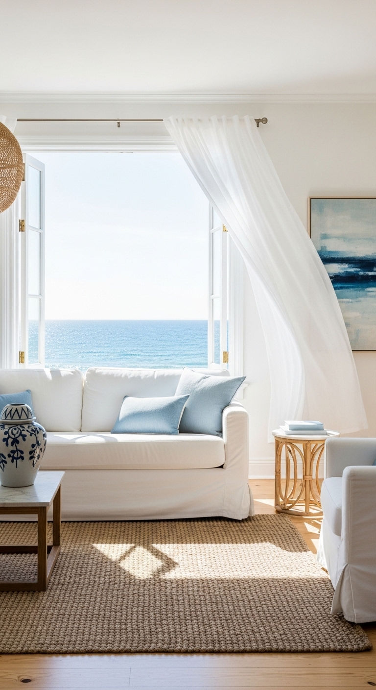 16 Window Behind the Sofa Living Room Ideas and How to Style Them 11 10. Coastal Breeze Comfort