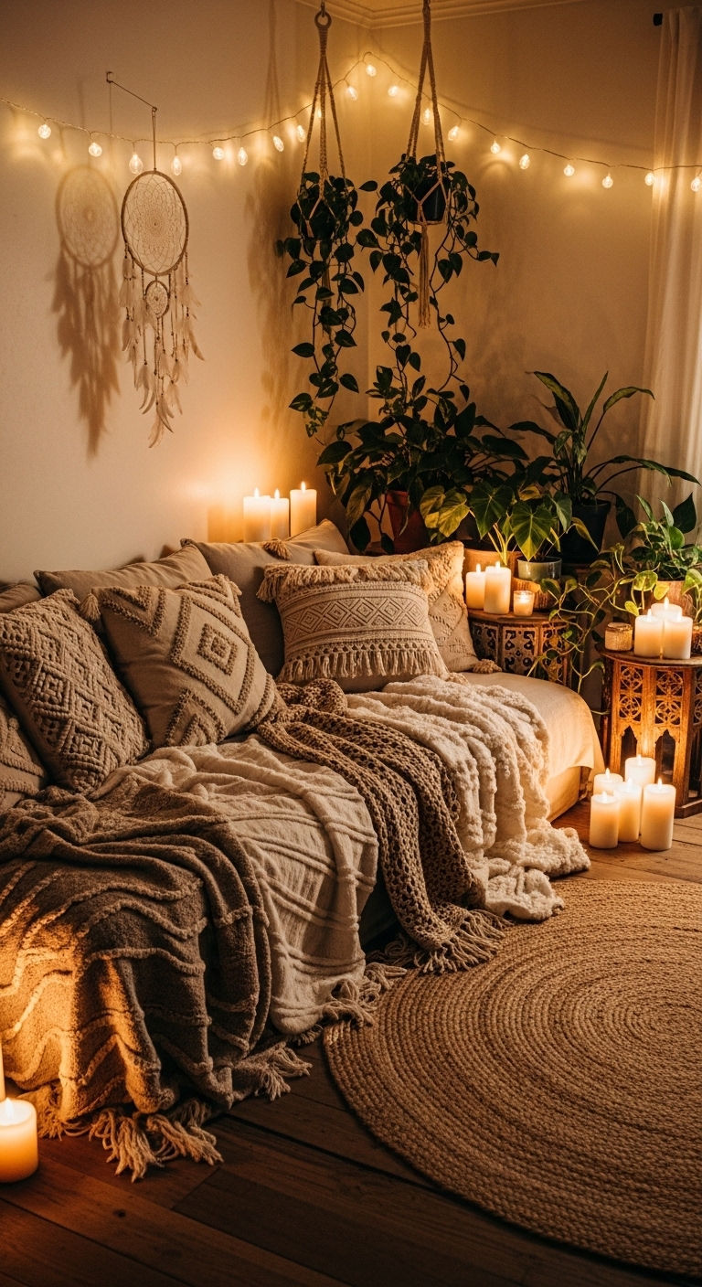 12. Cozy Candlelit Boho Nook