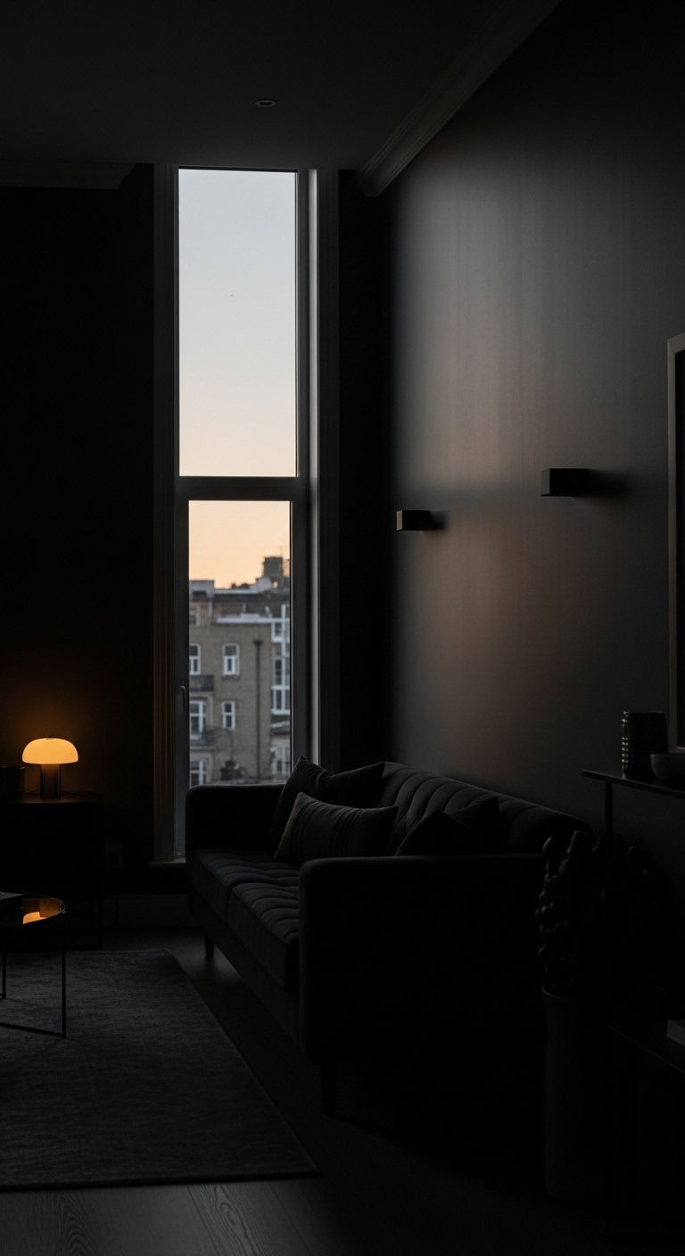 16 Window Behind the Sofa Living Room Ideas and How to Style Them 12 11. Dramatic Dark Contrast