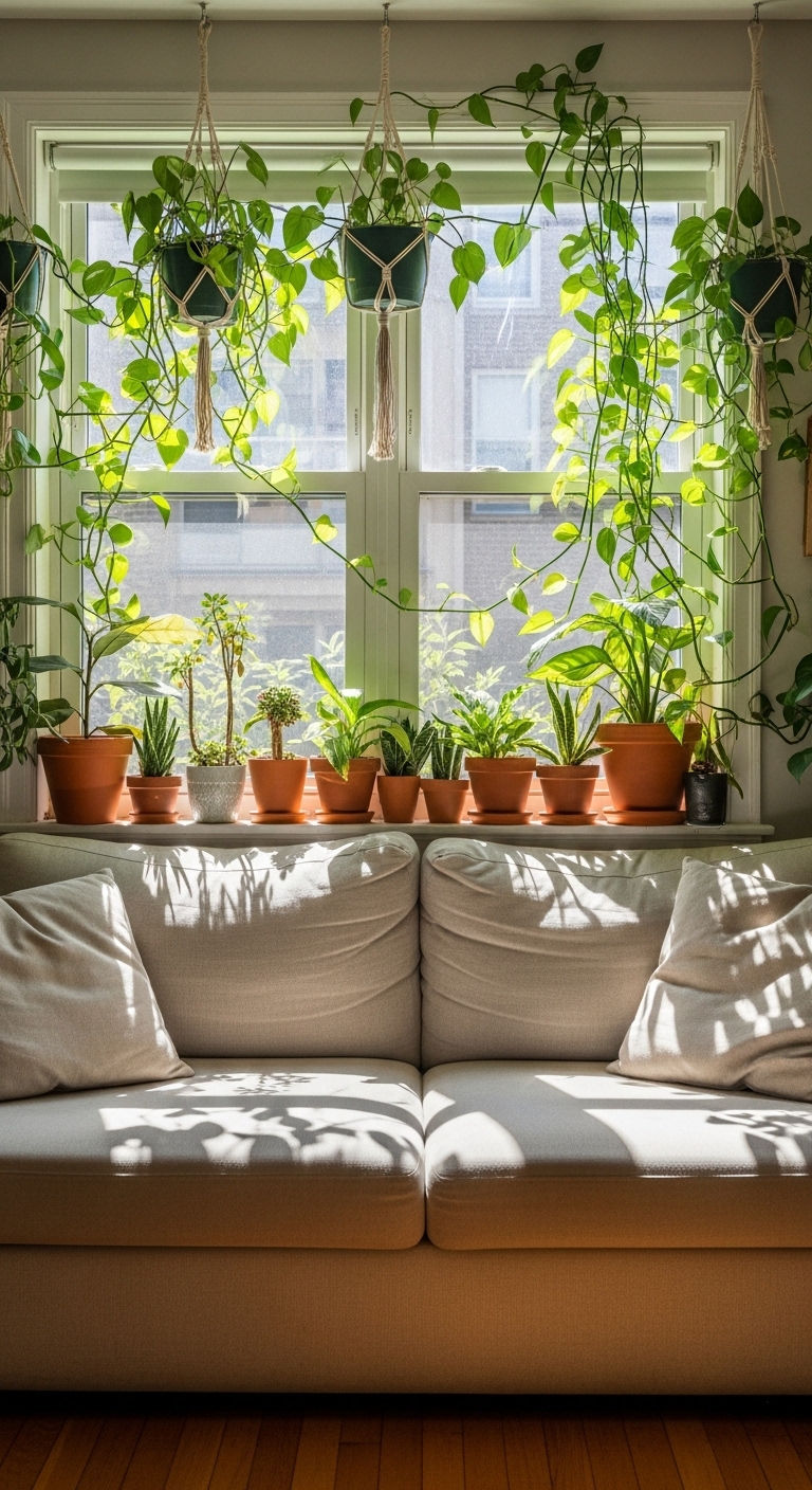 16 Window Behind the Sofa Living Room Ideas and How to Style Them 7 6. Greenery-Filled Retreat
