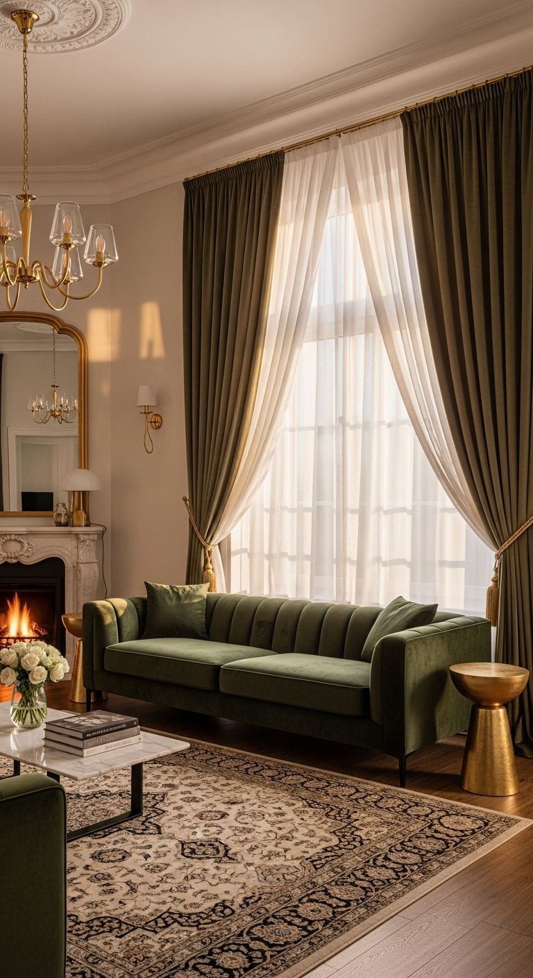 16 Window Behind the Sofa Living Room Ideas and How to Style Them 3 2. Layered Light Luxury