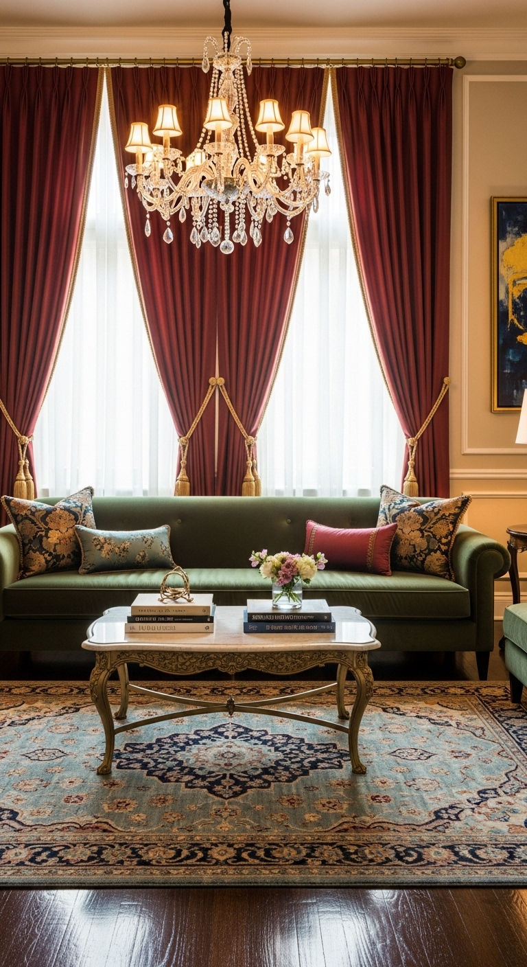 16 Window Behind the Sofa Living Room Ideas and How to Style Them 16 15. Luxe Curtain Drama