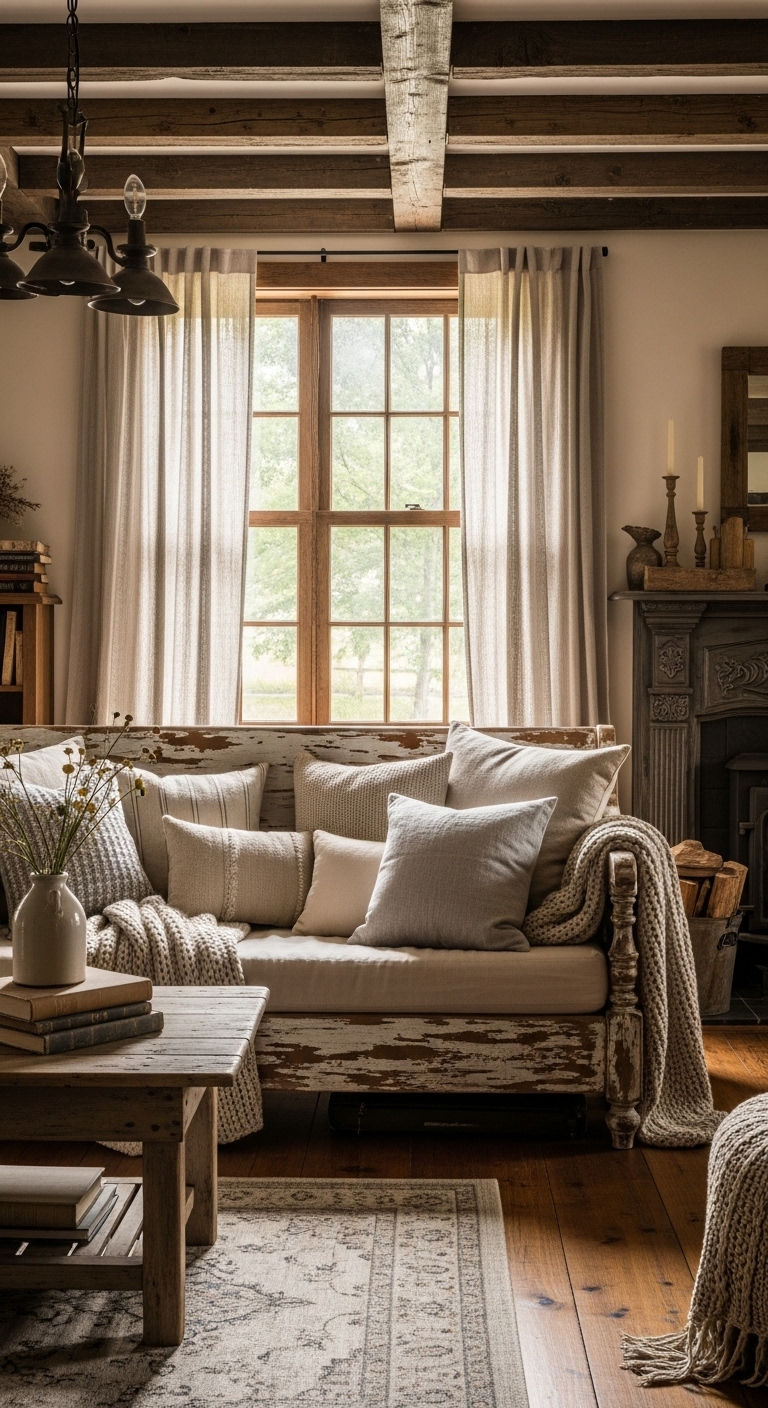 16 Window Behind the Sofa Living Room Ideas and How to Style Them 9 8. Rustic Window Charm