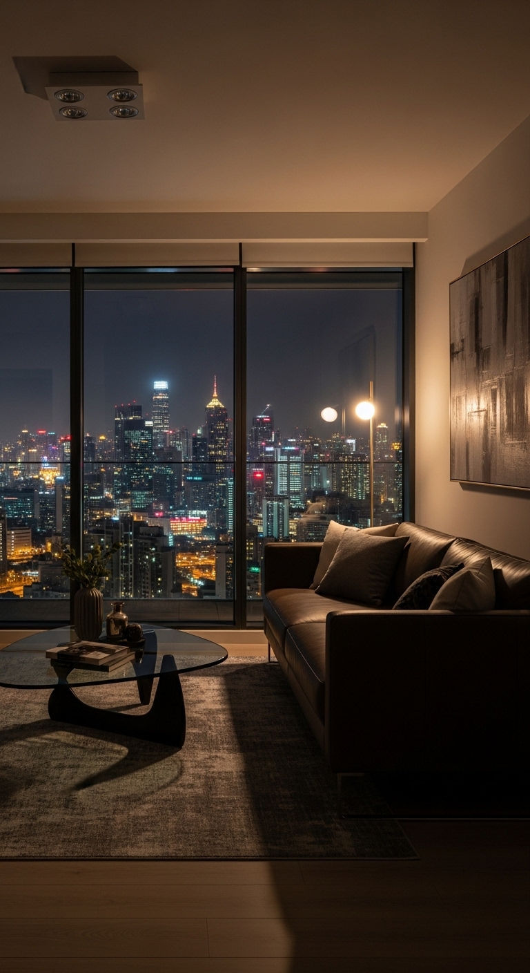 16 Window Behind the Sofa Living Room Ideas and How to Style Them 8 7. Urban View Statement