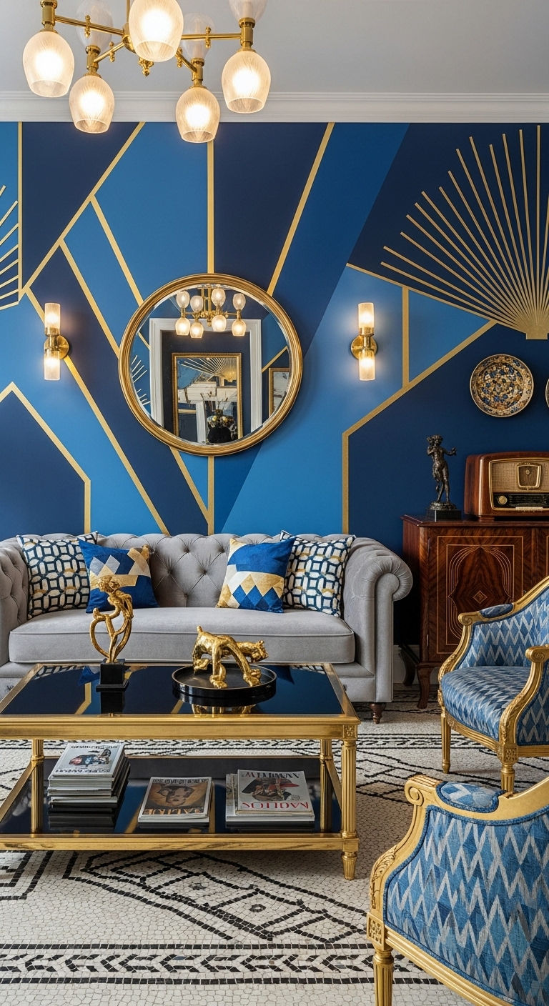 25 Blue Living Room Grey Sofa Ideas for a Cool, Balanced Space 17 19. Art Deco Blue Touch