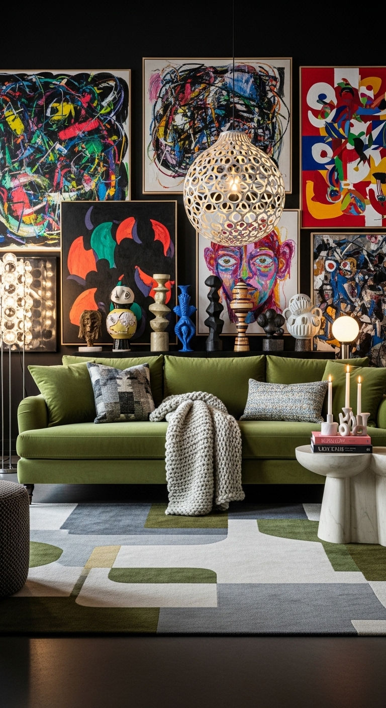 24 Moss Green Sofa Living Room Ideas for a Natural Feel 21 20. Artistic Green Lounge